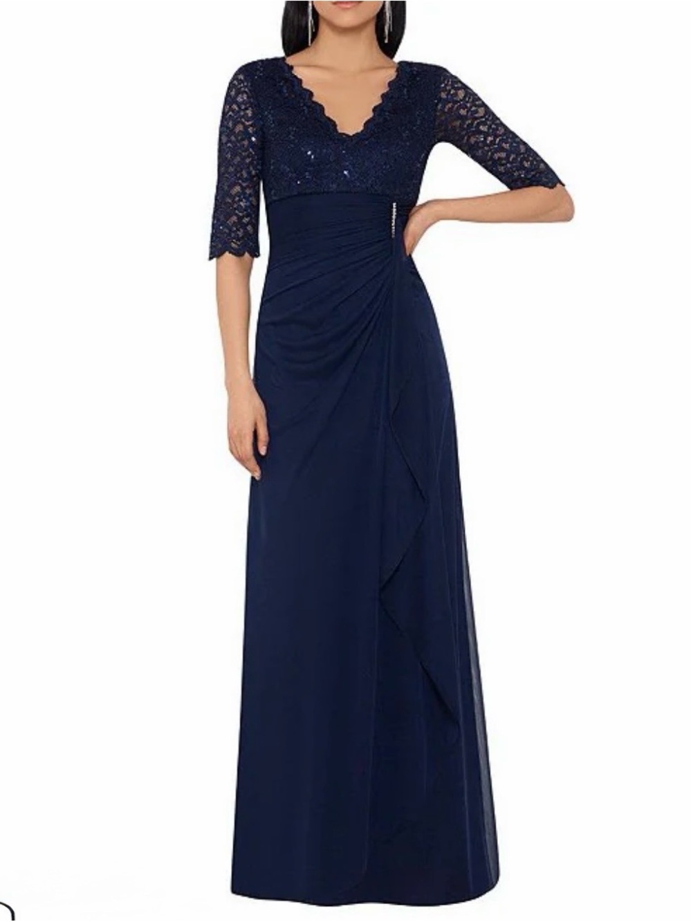 Betsy & Adam Navy Lace-Sleeve V-Neck Evening Gown